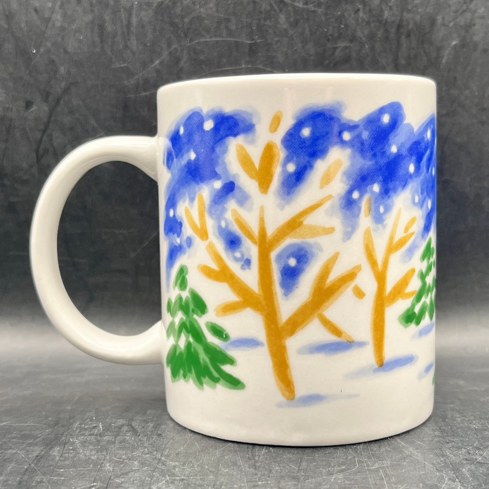 Vtg Cabin Winter Scene Christmas‎ Coffee Mug Cup 3.5" Holiday Studio Nova 10 oz.